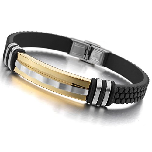 Men's Stainless Steel Rubber Bracelet Bangle Cuff Silver Gold Black Biker