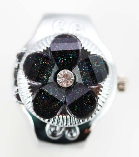 Ring Watch - Silver Tone Watch w/ Sparkly Black Flower