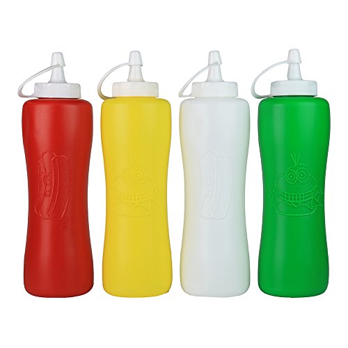 4 Pack Hard Plastic Squeeze Bottles with Cap, 4 Color Condiment