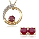 18k Yellow Gold Plated Sterling Silver Genuine Ruby Pendant, 18 and Earring Set
