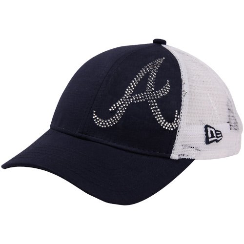 New Era Atlanta Braves Youth Girls Jr. Jersey Shimmer Mesh Back Adjustable Hat - Navy Blue-White