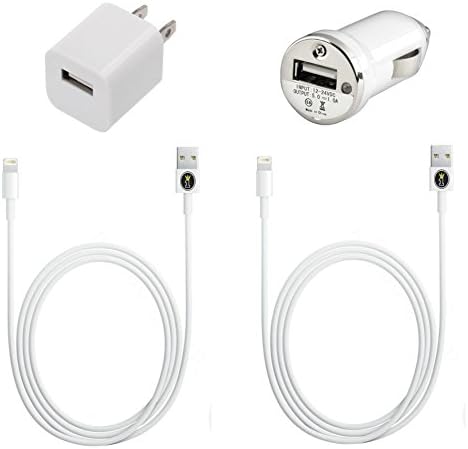 K1NGDOM 2x HIGH QUALITY USB DATA TRANSFER CHARGING CABLES+1x HOME WALL AC ADAPTER+1x CAR CHARGER FOR IPHONE 5/5S/5C/6/6+, IPAD AIR/AIR 2/4/MINI/MINI 2, IPOD TOUCH 5G/NANO 7G (WHITE)