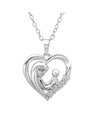 Mother Child Diamond Heart Pendant-Necklace in Sterling Silver
