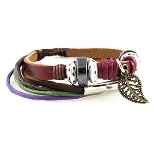 Leaf Design Leather Zen Bracelet - Adjustable, Fits 5 to 8 Inches, for Men, Women, Teens, Boys and Girls (Foil Gift Box)