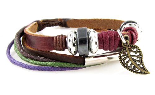Leaf Design Leather Zen Bracelet - Adjustable, Fits 5 to 8 Inches, for Men, Women, Teens, Boys and Girls (Foil Gift Box)