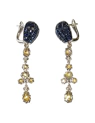 18kt White Gold Diamond Pave Blue Sapphire Dangle Earrings Bridal Wedding Jewelry