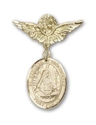 Gold Filled Baby Badge with St. Edburga of Winchester Charm and Angel with Wings Badge Pin