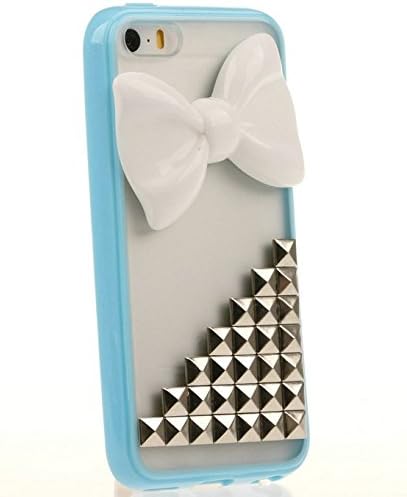 Iphone 5C Case USBerry DIY Punk Style Unique Fashion 3D Handmade Pyramid Nails Studs on Grind Arenaceous Transparent Blue Skin for Iphone 5C DIY Cover Case with White Bow-tie