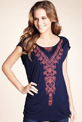 Tribal Print Longline Ruched Jersey Top