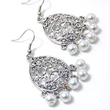 Silver & Pearl Teardrop Chandelier Dangle Earrings Fashion Jewelry