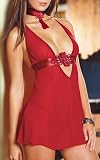 Dreamgirl Women's Chiffon Sleepwear Babydoll with Satin Ribbon Chinoiserie Applique with Ribbon Neckband and Thong
