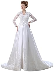 A-line V-neck Taffeta Long Sleeves Crystal Beaded Applique Lace Wedding Dress  with a Court Train 
