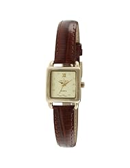 Peugeot 3034BR Ladies Mini Square Gold Tone Crystal Accented Brown Leather Strap Watch