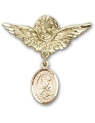 14K Gold Baby Badge with St. Sarah Charm and Angel with Wings Badge Pin