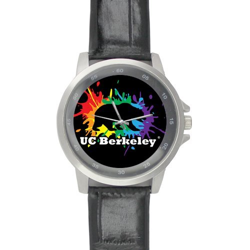 Rainbow Color UC berkeley Bear, for Lesbians &amp; Gays, LGBT Pride, Gay Pride Custom Unisex Stainless Steel Leather Strap Watch Metal Case, Tempered Glass, Black Leather Band