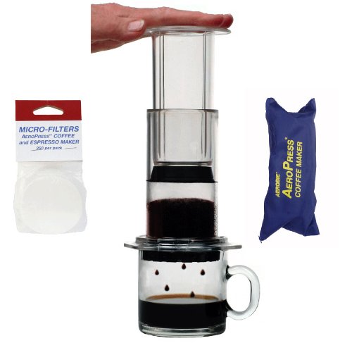 AeroPress Coffee and Espresso Maker with zippered nylon tote bag and an Extra 350 Micro Filters (700 Total)
