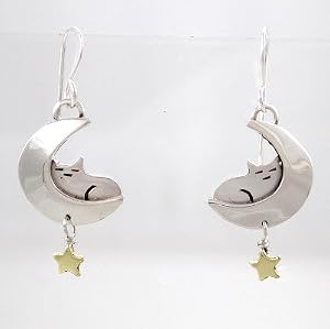 Sleeping Cat in the Moon with Stars Earrings of Sterling Silver and Brass, #8917