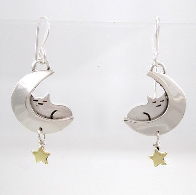 Sleeping Cat in the Moon Dangle Earrings in Sterling Silver with Brass Star Charms, #8917