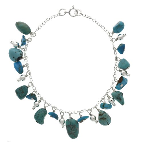 Sterling Silver Rolo Chain, Bead and Genuine Turquoise Nugget Drops Bracelet, 7.5″