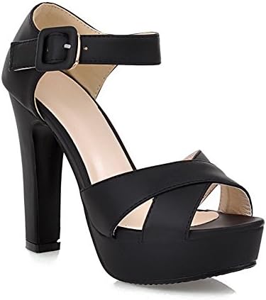 QueenFam Girls Open Peep Toe High Heel Platform Chunky Heels PU Frosted Solid Sandals with Buckle, Black, 34