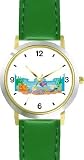 Fish at Ocean Bottom Animal - WATCHBUDDY® DELUXE TWO-TONE THEME WATCH - Arabic Numbers - Green Leather Strap-Size-Children's Size-Small ( Boy's Size & Girl's Size )