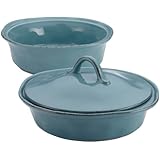 Rachael Ray Cucina Stoneware 3-Piece Round Casserole & Lid Set, Agave Blue