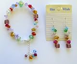 Crystal Beads Bracelet and Dangle Earrings Set Made with Swarovski Elements - Brown, Purple, Green & Yellow Beads, Sterling Silver Plated