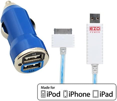 EZOPower 3 feet Blue Flowing Illuminate Light Sync & Charging USB Data Cable - (White / Blue) + Blue 2-Port USB Car Charger Adapter 2A for Apple iPad, iPhone, iPod Touch, Nano
