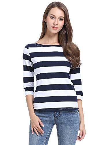 MsBasic Women's 3/4 Sleeve Boat Neck Striped Relax Fit Tee Shirts