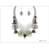 Chunky Art-Deco Silver-Tone Necklace and Earrings with Multi-Colored Crystal Beads