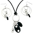 Necklace Hoop Earring Sterling Silver Black Resin CZ Gucci Style Beads Leather Cord Set Bucasi