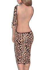 Sexy Leopard Print Long Sleeves Backless Cocktail Above the Knee Polyester Bodycon Dress/Club Dress/Party Dress/Mini Dress 