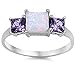 New Princess Cut White Australian Opal & Simulated Amethyst .925 Sterling Silver Ring Sizes 4-11