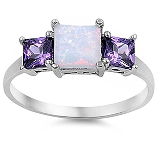 New Princess Cut White Australian Opal & Simulated Amethyst .925 Sterling Silver Ring Sizes 4-11