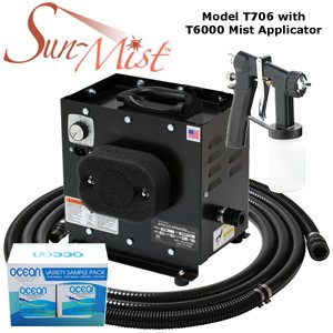 Apollo Sun-Mist T706 Sunless Spray Tanning System with the T6000 Plastic Body Mist Applicator along with an Ocean DHA Solution Sunless Tanning Variety Sampler Pack (4 Solutions - 1 Pint Total) and Accessories Set