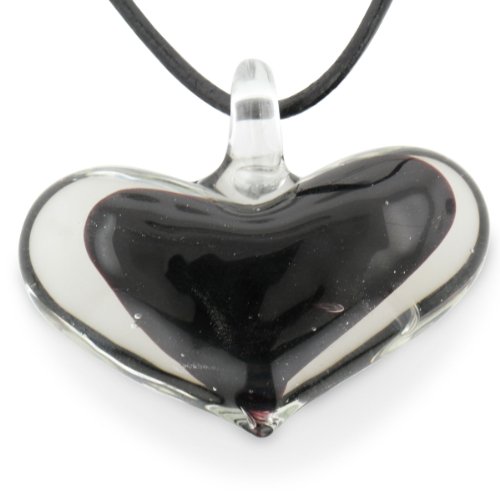 Floating Black Heart Murano Glass Pendant , 20 Inches Long