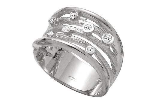 14K White Gold Hand-Crafted Matte-Finish Designer Ring, Enhanced with Scattered Bezel Set Diamonds.