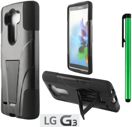 LG G3 Premium T-Stand / Side-Stand Hybrid Holster Design Protector Hard Cover Case (For 2014 LG New Flagship Android Phone) + 1 of New Assorted Color Metal Stylus Touch Screen Pen (BLACK / BLACK)