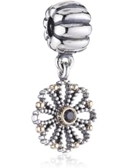 Genuine PANDORA Sterling Silver Lace Flower Clip with 14K Gold and Black CZ Dangle Charm 790874CZK