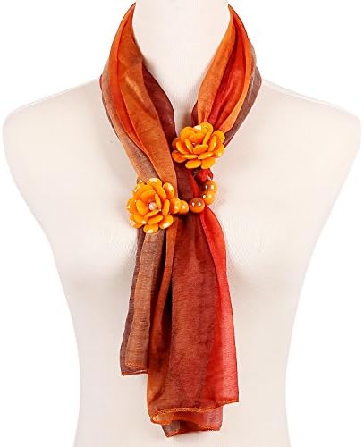 Seafire Women Fashion Infinity Jewelry Charm Necklace Scarf with Buckle Floral Pendant Design Shawls (Orange 395-1)