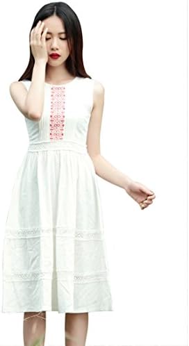 ArtCar Summer Women's Elegant National Embroidery Vest Solid Long Dress White XL