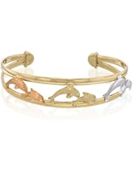 14K Tri Color Yellow White Rose Gold Hollow Clip On "Dolphin" 15.0mm Wide Bangle Bracelet