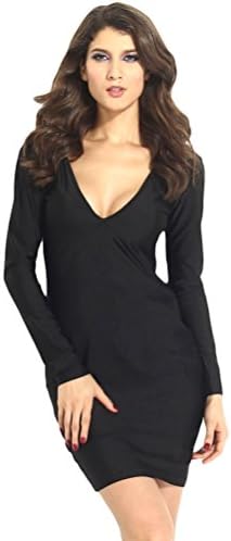 PlusFive Midi Bodycon Dresses for Women Party Night Formal Pure Deep Round Neck Long Sleeves Stretchy Midi Skirt Black L