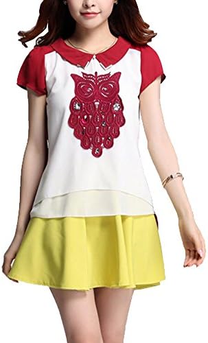 Fecland Women's Color Block Peter Pan Collar Short Sleeves Owl Print Blouse Top