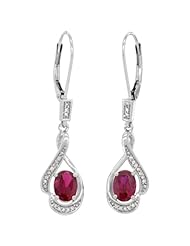 14k White Gold 3/4 in. (19mm) tall Lever Back Dangle Earrings, w/ 0.13 Carat Brilliant Cut Diamonds & 2.40 Carats Oval Cut 7x5mm Enhanced Ruby Stones