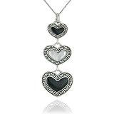 Sterling Silver Marcasite, Onyx, and Mother-of-Pearl Triple Heart Pendant, 18