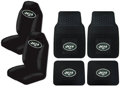 A Set of 4 NFL Universal Fit Front All-Weather Floor Mats and A Set of 2 Universal Fit Seat Covers - New York Jets