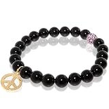 Onyx Stretch Bracelet with Peace Sign Charm & Pink Gold Rhinestone Bead Accent