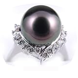 18K White Gold with Diamonds and 10-10.5 mm Gem Quality Black Tahitian Pearl Ring