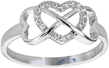 14k WHITE gold plated 925 Sterling Silver Cubic Zirconia Micropave Interlocking Heart and Infinity Fancy Ring